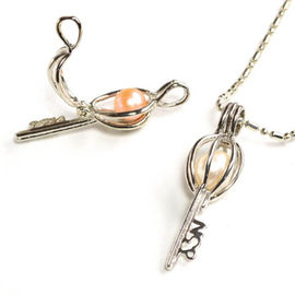Antique Silver Key Locket Cage Charms Necklaces Pendants with 6-7mm Rice Shape Real Freshwater Pearl